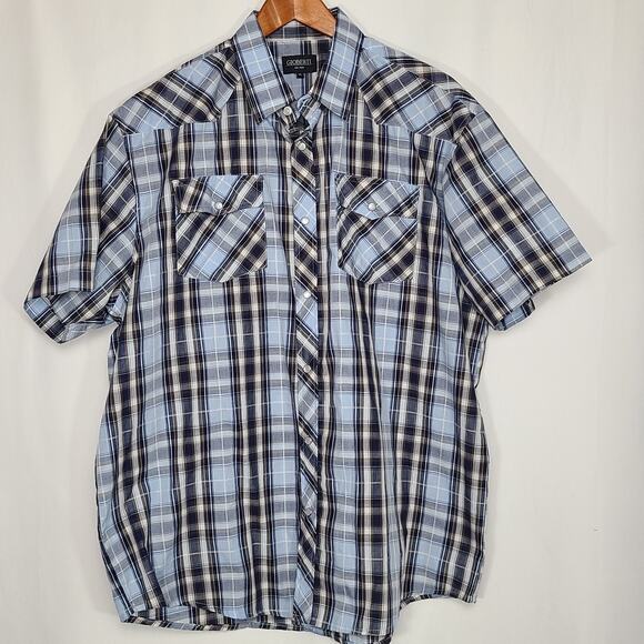 Gioberti Men's Short Sleeve Pearl Snap Shirt Blue Black Plaid XL - Picture 2 of 8